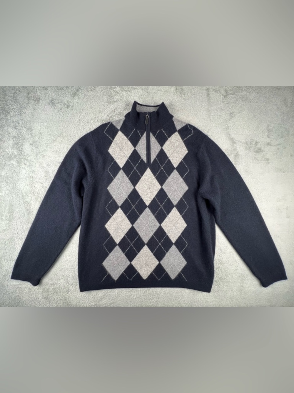 Allen Solly 100% Cashmere Sweater Mens XL Navy Blue Gray Argyle Pullover 1/4 Zip